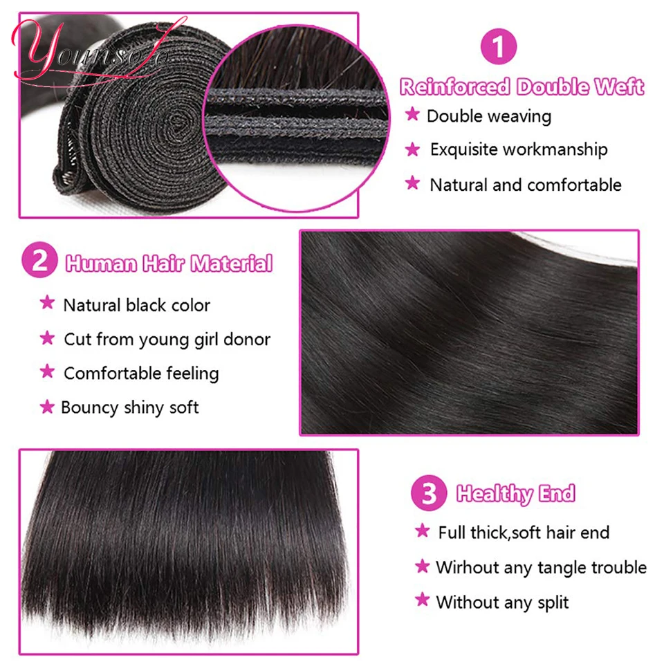 Younsolo Straight Weave Bundles Natural Black Indian Human Hair Bundles Straight Wave Hair Extensions 4PCS Human