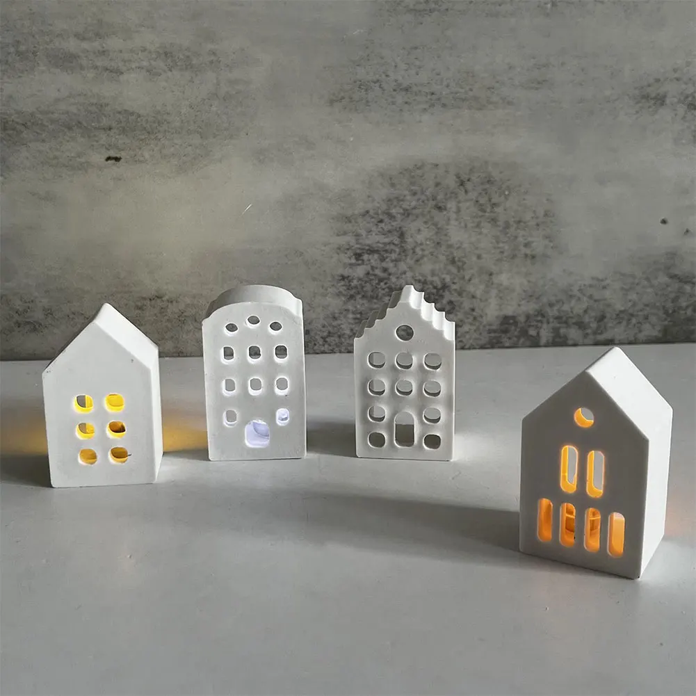 4pcs House Candle Holder Silicone Mold Houses Candlestick Ornament Plaster Molds Tealight Holder Mold Resin Casting Mold