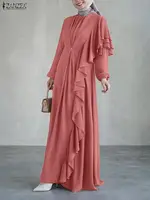 2026 ZANZEA Autumn Spring Ruffled Dress Elegant Muslim Abaya Robe Femme O Neck Long Sleeve Sundress IsIamic Hijab Kaftan Ramadan