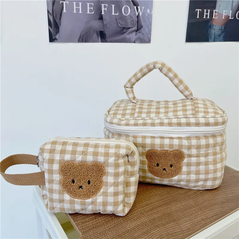 

Plaid Makeup Bag for Women Cosmetic Storage Bag Cartoon Portable Toiletry Bags Female Beauty Case Cotton Floral Cosmetic Pouch