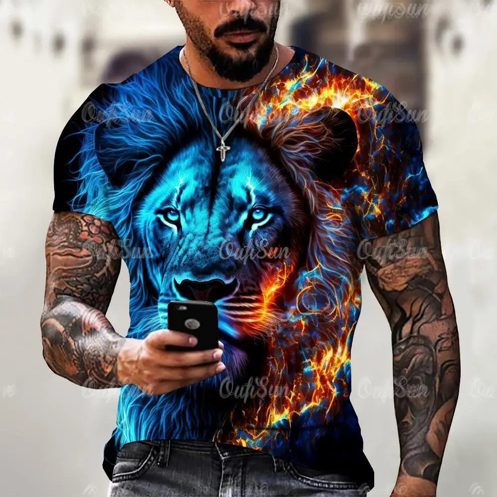 2024 Summer Men's T-Shirt Animal Printed Tops For Men Oversized T-Shirt Men's Clothing Streetwear Short Sleeve Shirts Tiger Lion