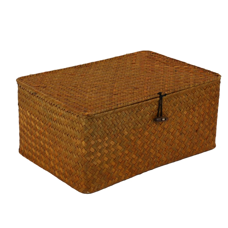 Seagrass Storage Baskets With Lids, Woven Rectangular Basket Bins, Wicker Storage Organizer For Shelf, Set Of 4