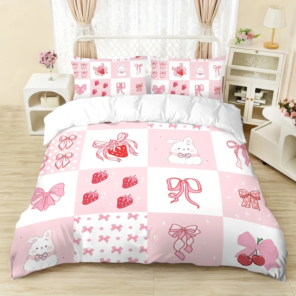 Pink rabbit bow bedding set strawberry print (1 set +2 pillowcases, no core), bedding, various size to meet different needs