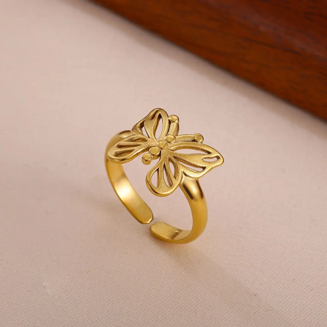 Butterfly Rings Women Gold Stainless Steel Hollow Adjustable Open Ring