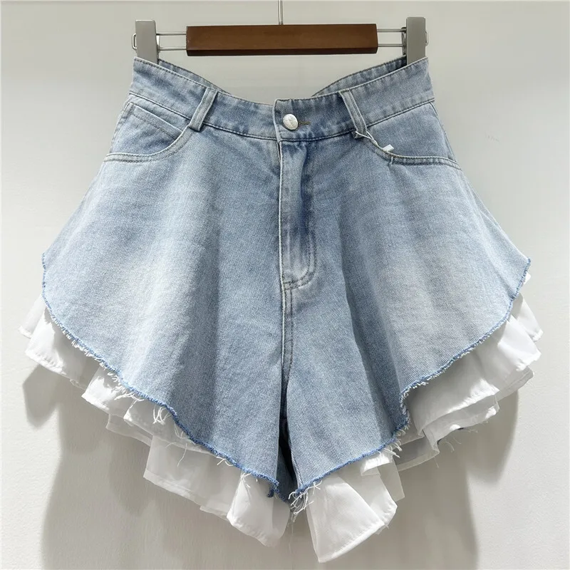 WTHT New Fashion Women's Patchwork Hem Wash Denim Shorts 2025 Summer Trendy High Waist A-line Short Pants Female 1LS1393 2