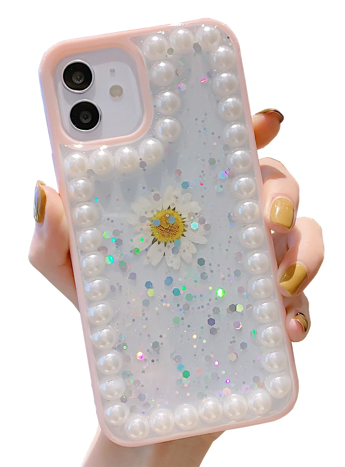 Fashionable 3D Pearl Chrysanthemum Sparkling Transparent Phone Case iPhone 12 X 11 Pro Max Transparent Cover