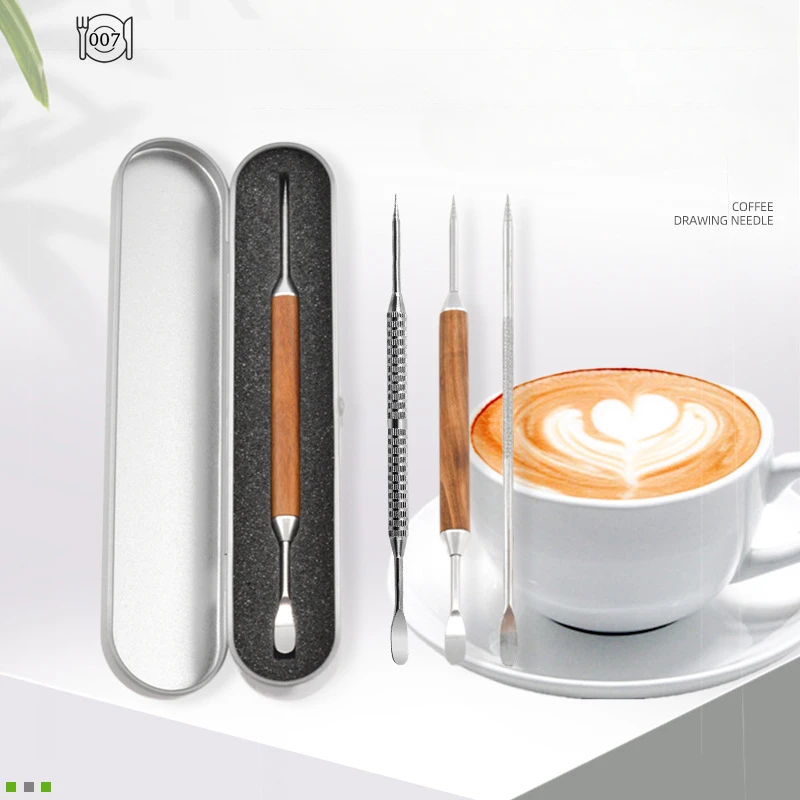 Stainless Steel Coffee Decorating Art Pen Wooden Handle Latte Pull Flower Needle Barista Tool Coffee Accessories Modeling Tool
