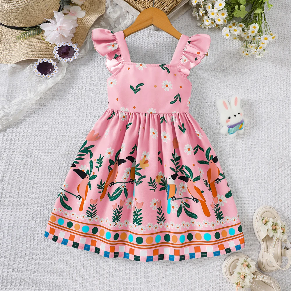 فستان بناتي صيفي بأكمام طويلة وطبعة نباتية