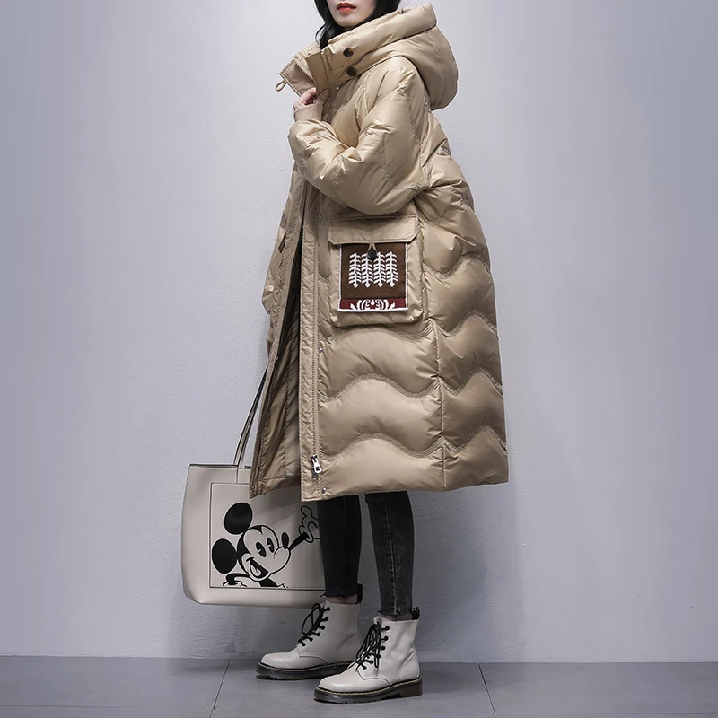 Inverno 90 piumino d'anatra bianco per donna piumino lungo lucido Parka 2023 nuovo cappotto invernale Casual con cappuccio caldo allentato X91
