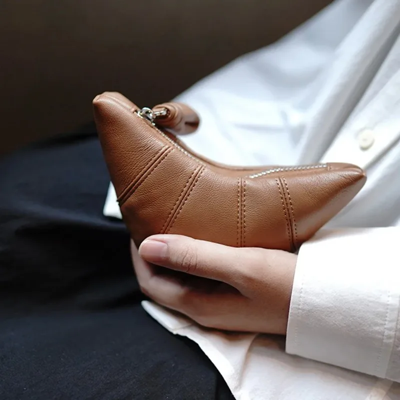 New Luxury Genuine Leather Women Coin Purse Fancy Croissant Fashion Lady Small Zip Hobo Wallet Brand Retro Mini Makeup Pouch Bag