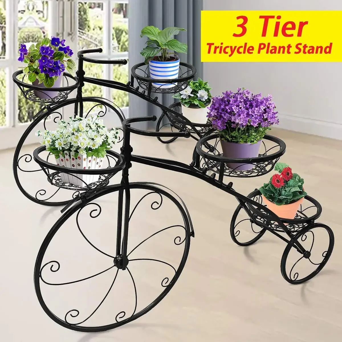 3 Tier Tricycle Plant Stand Flower Shelves Pot Cart Holder Patio Stand Holder Outdoor Displaying Storage Rack Home Decor planter stand metal round potted plant stands flower pot planter iron rack for plant display indoor outdoor patio living room