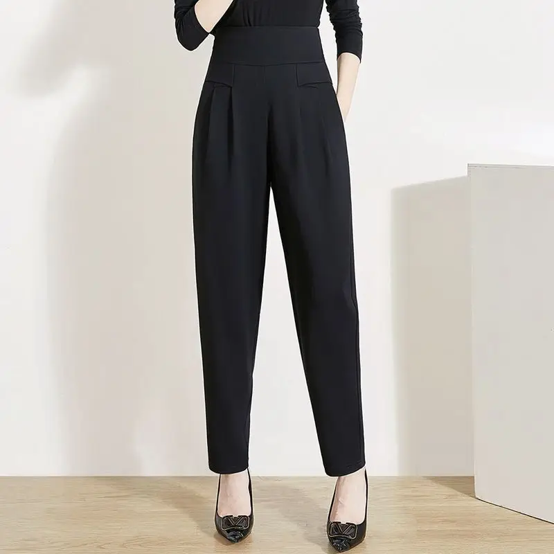 Women Fashion Elegant Plush Thick High Waist Harem Pants Office Lady Black Casual Pleated Trousers 2023 Autumn Winter Pantalones
