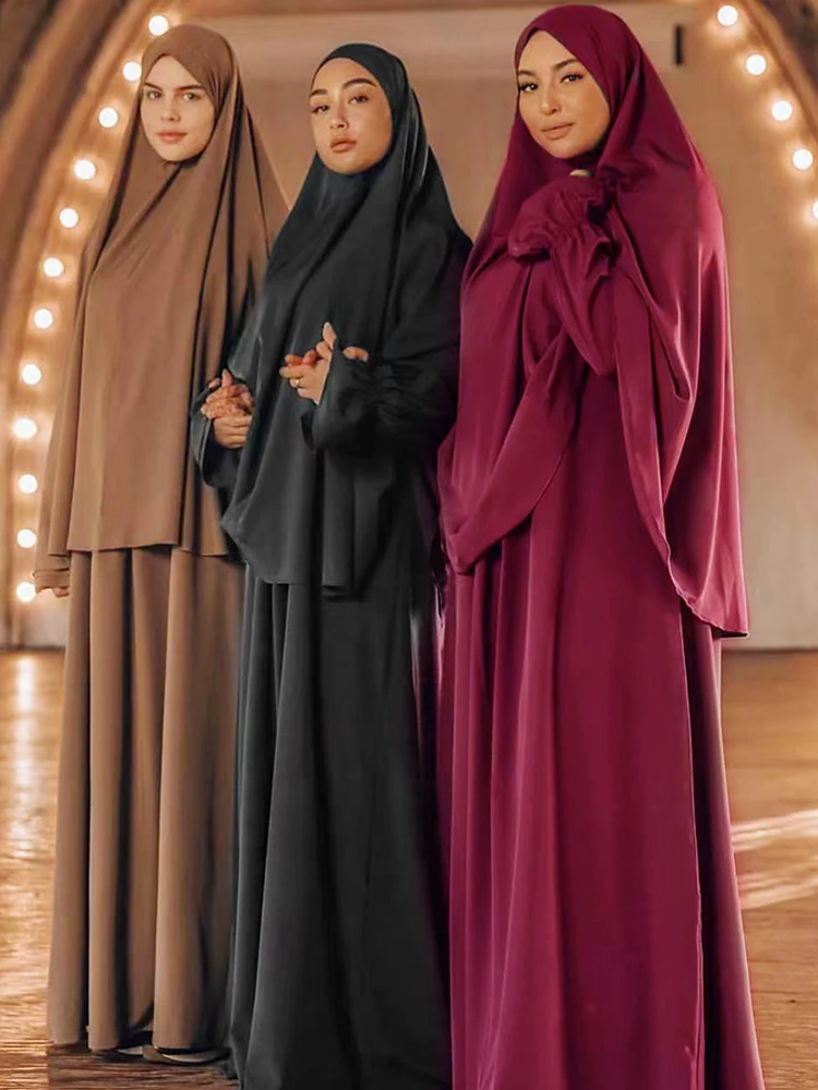 Khimar Abaya 여성용 기도복 세트, 긴팔 드레스 및 히잡 스카프, 두바이 터키 무슬림 겉옷, 라마단 히자비 질밥 