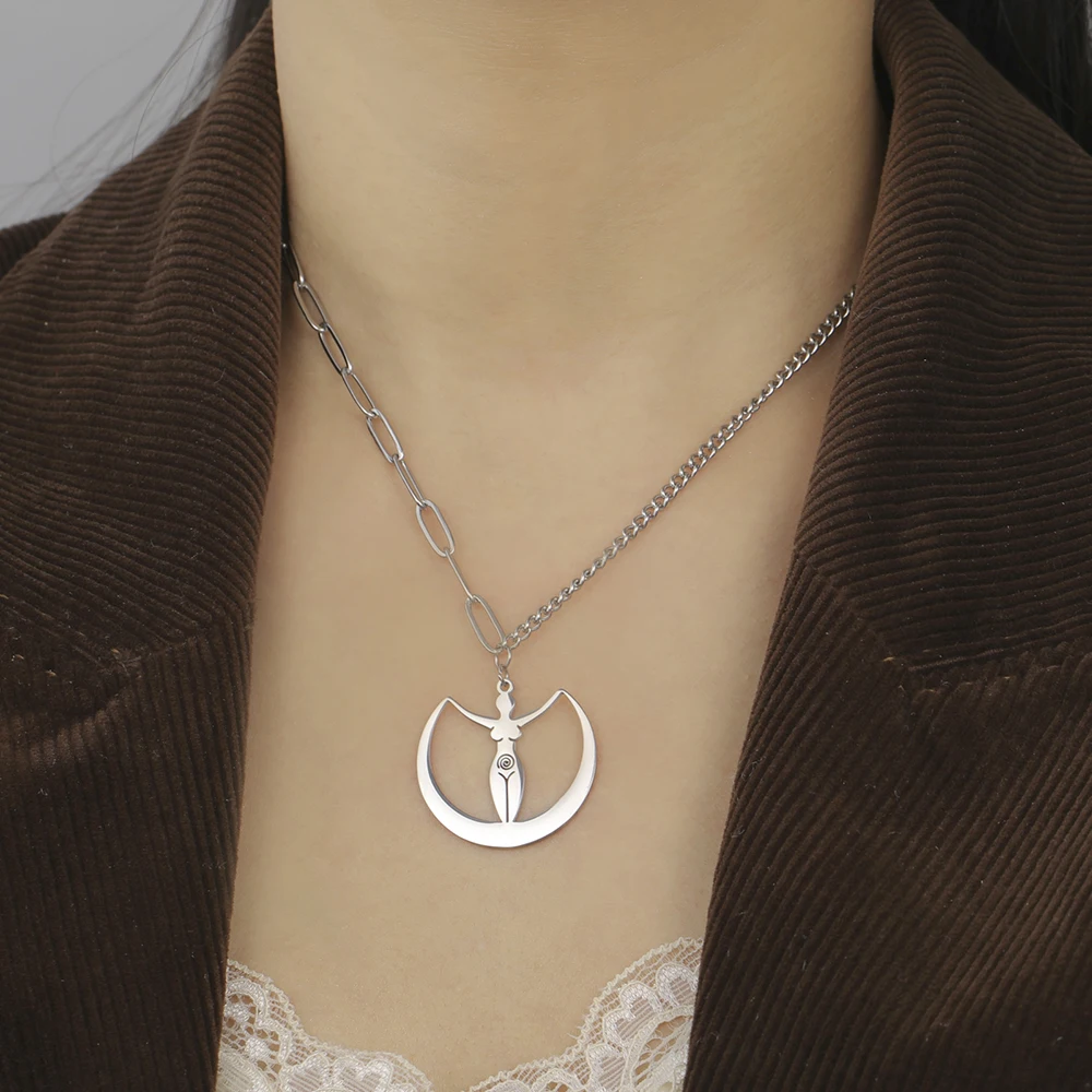 Dawapara Fruchtbarkeit Spirale Mond Göttin Halskette Feminine Energie Halbmond Wicca Magisches Amulett Edelstahl Schmuck – Detail 4