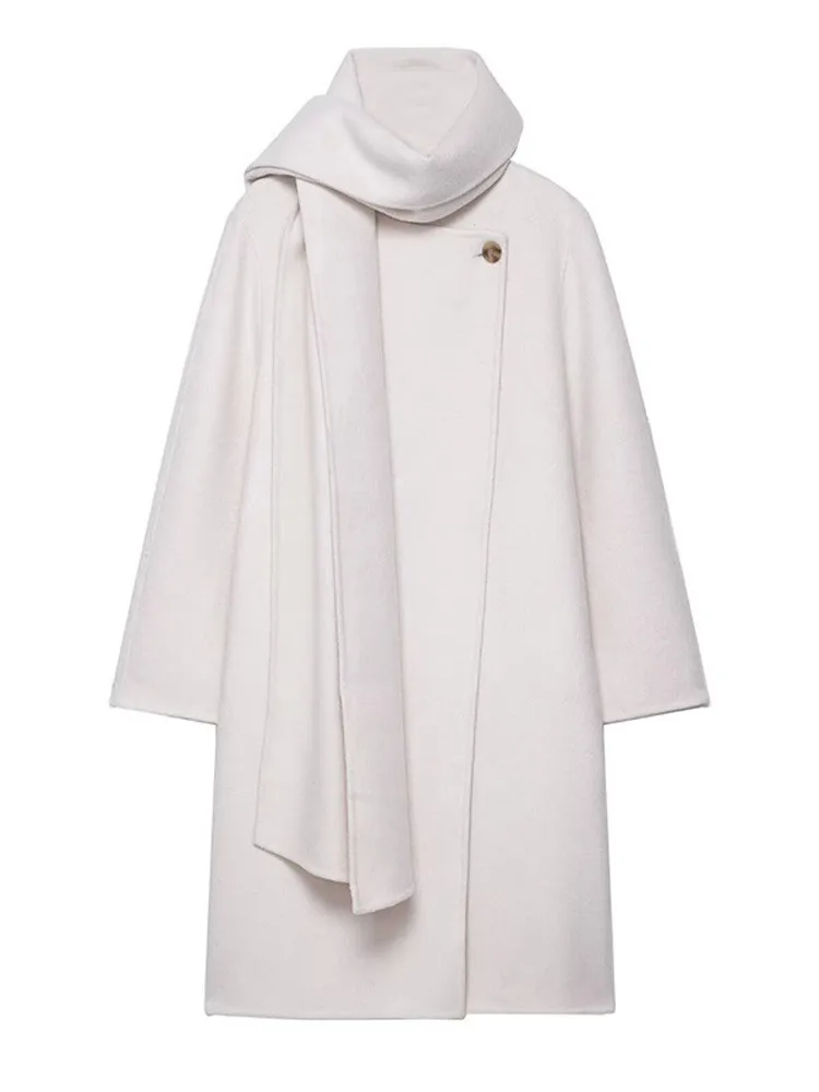 Chic Scarf One Button Women's Woolen Overcoat Elegant Full Sleeve Oversize Female Coat 2025 Autumn Winter Fashion Lady Outwears - 2