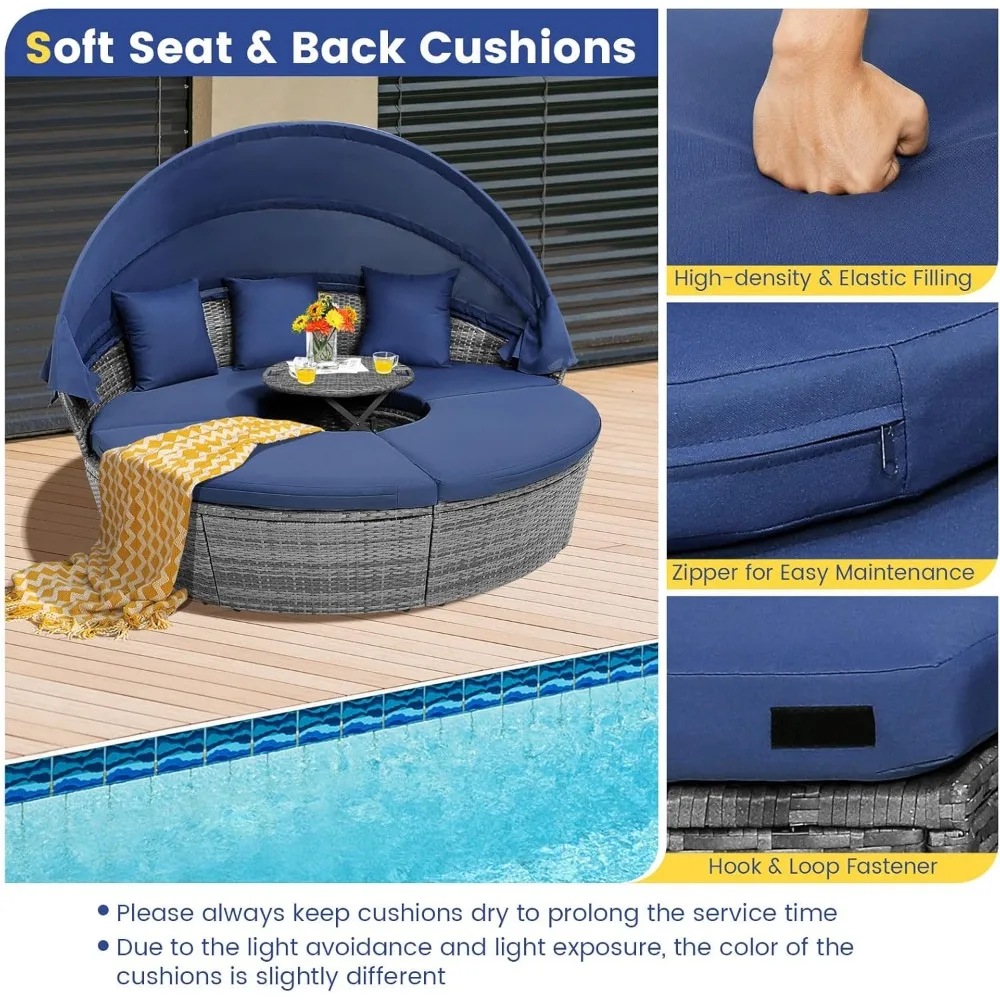 Round Outdoor Daybed, Wicker Rattan Sectional Sofa Set w/Retractable Canopy, Washable Cushions & Height Adjustable Co 5