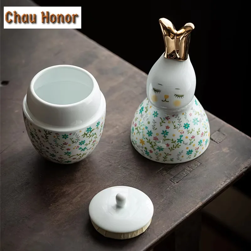 Creative French Flower Ceramic Tea Caddy with Tea Scoop Golden Rabbit Leaf Canister Tea Box Organizer Jar Ornaments Decoration