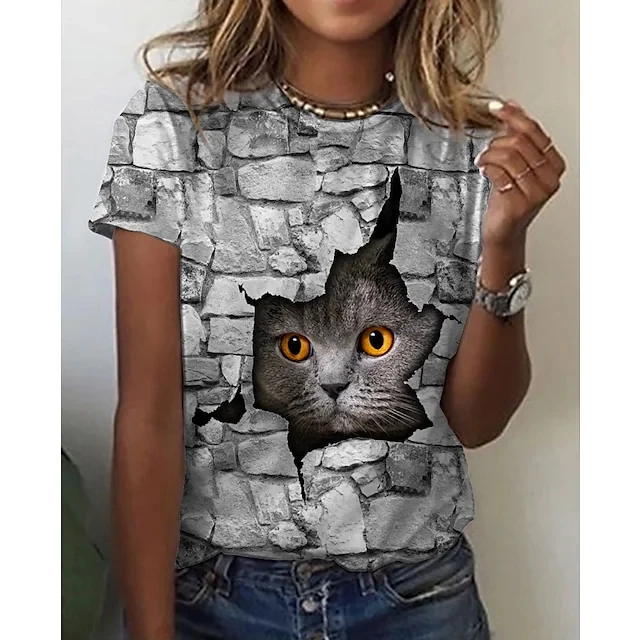 New  Printing Cute Cat/Cat Printing Female T-shirt Fashion Fitness Girl Short-sleeved Tops Fashion Casual Niche Design Clothing VRBI-2