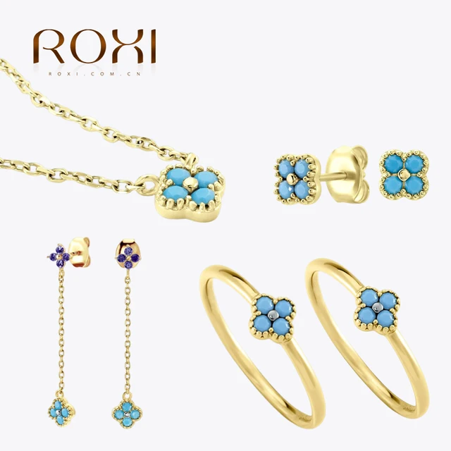 ROXI S925 Sterling Silver Turquoise Clear Zircon Petal-shaped Jewelry Set Finger Rings Necklace Stud Earrings for Women