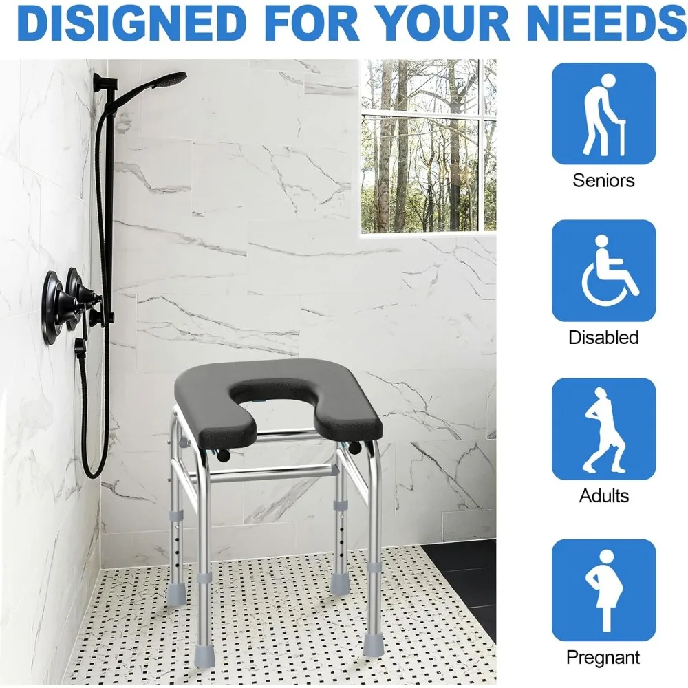 U-Shaped Shower Chair with Thick Padded Cushion, 400LBS Stainless Steel Shower Seat for Inside Shower, Adjustable Bath Chair 6