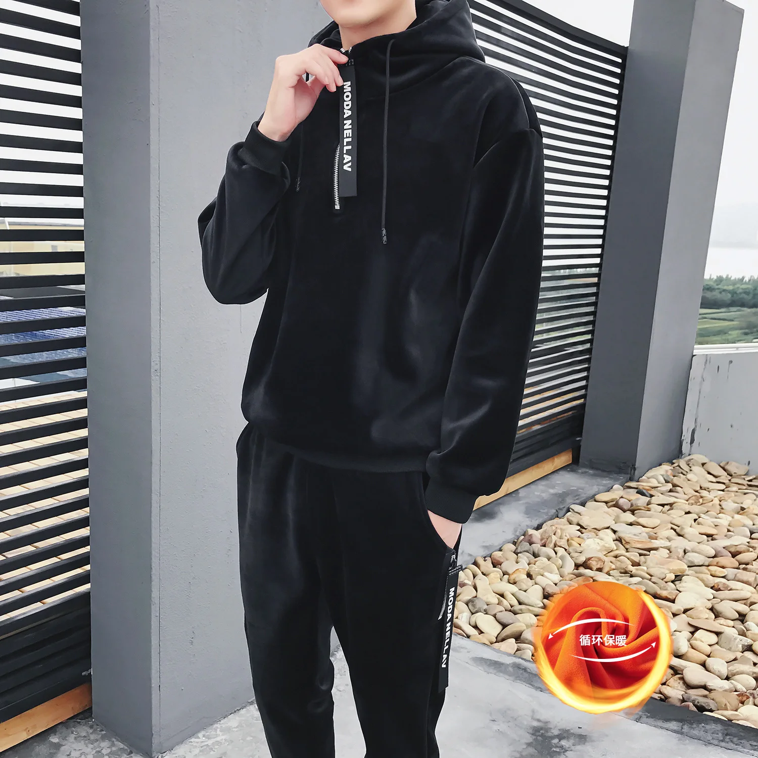 Man Winter Gold Velvet Sets Men's Plus Velvet Thick Hoodies with Pants Warm Sweater Winter Tracksuits 2
