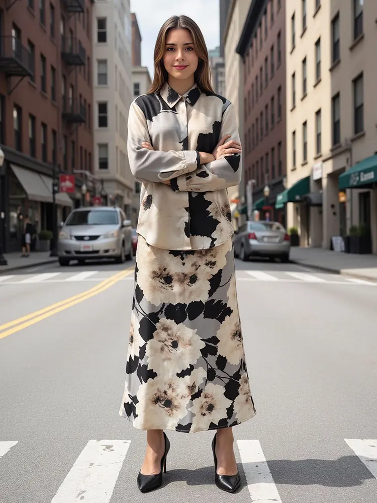 HH Women Elegant Floral Print Blouse Skirt Suit Lapel Single Breasted Shirt High Waist Skirts 2025 Spring New Fashion Sets