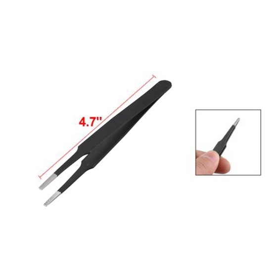 Anti-static Flat Square Tip Stainless Steel Straight Tweezers 4.7" Long Black