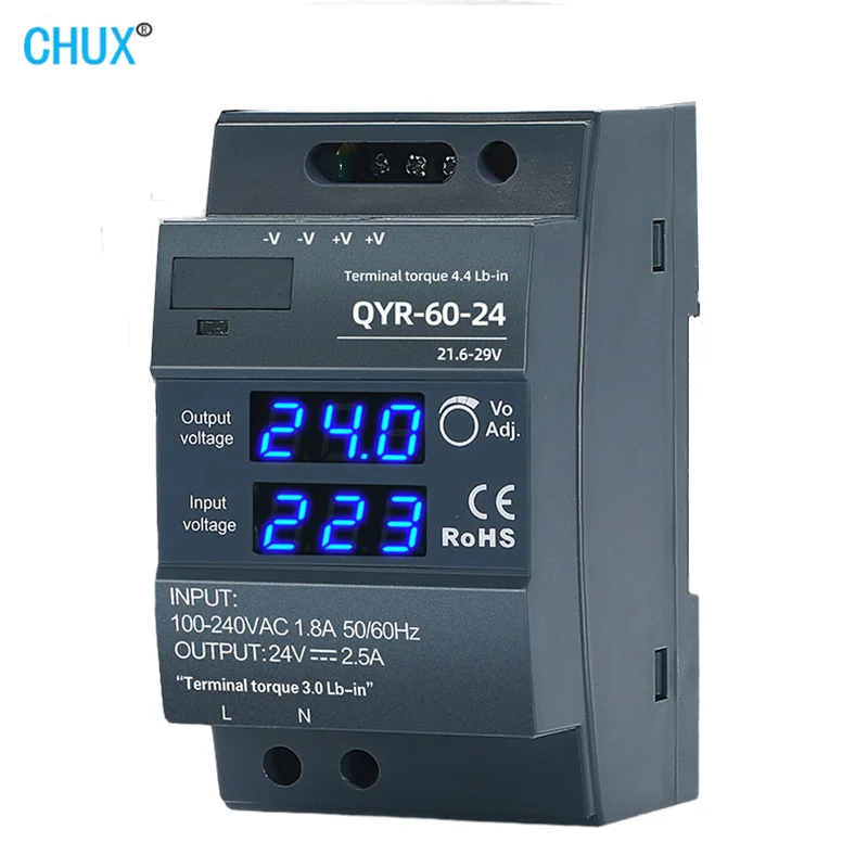 Fonte de Alimentação de Comutação tipo Trilho Chux-din Display Digital 60w 12v 24v dc 2.5a Smps Ultra Slim Step Shape Fita Led