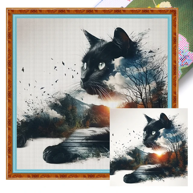 Fil de coton écologique à broder complet 11CT, Kit de point de croix imprimé chat, Art 40x40cm 1