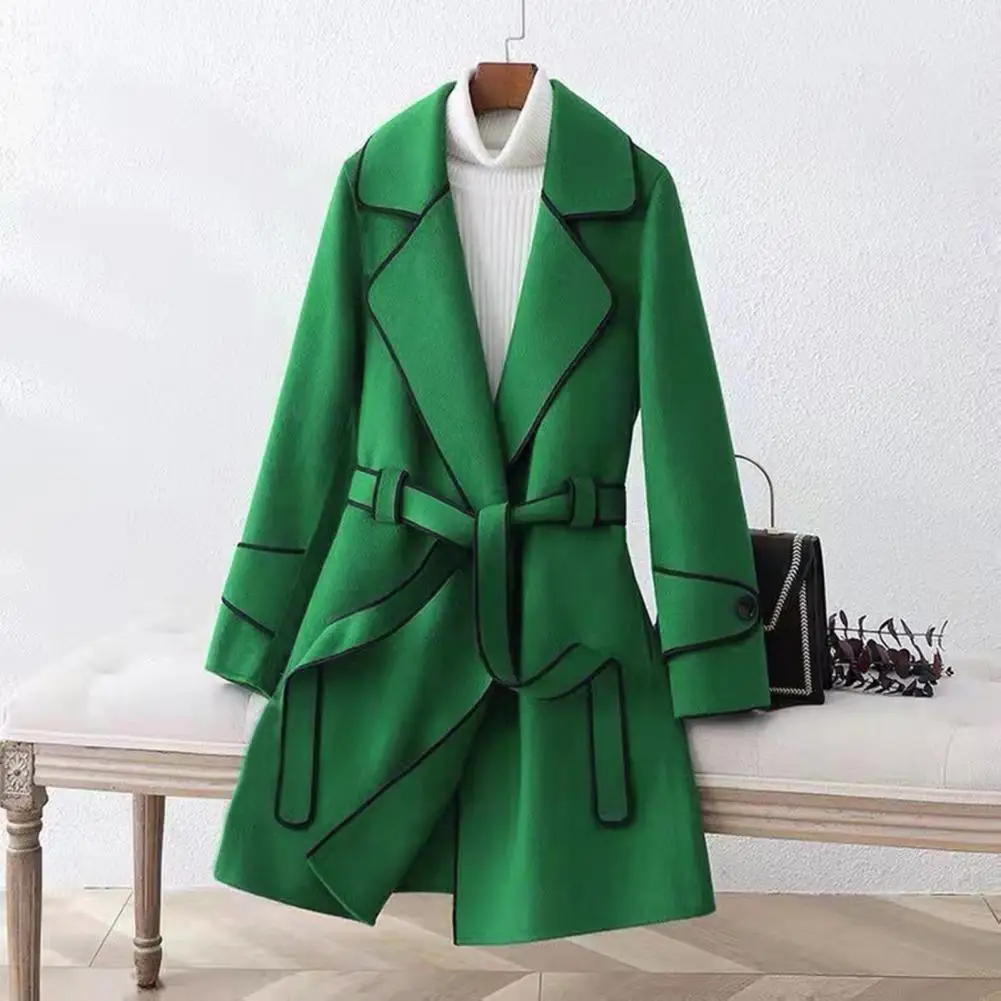 

Washable Ladies Jacket Lapel Coldproof Suit Collar Trench Coat Trendy Slim Fit Open Stitch Woolen Coat for Daily Wear