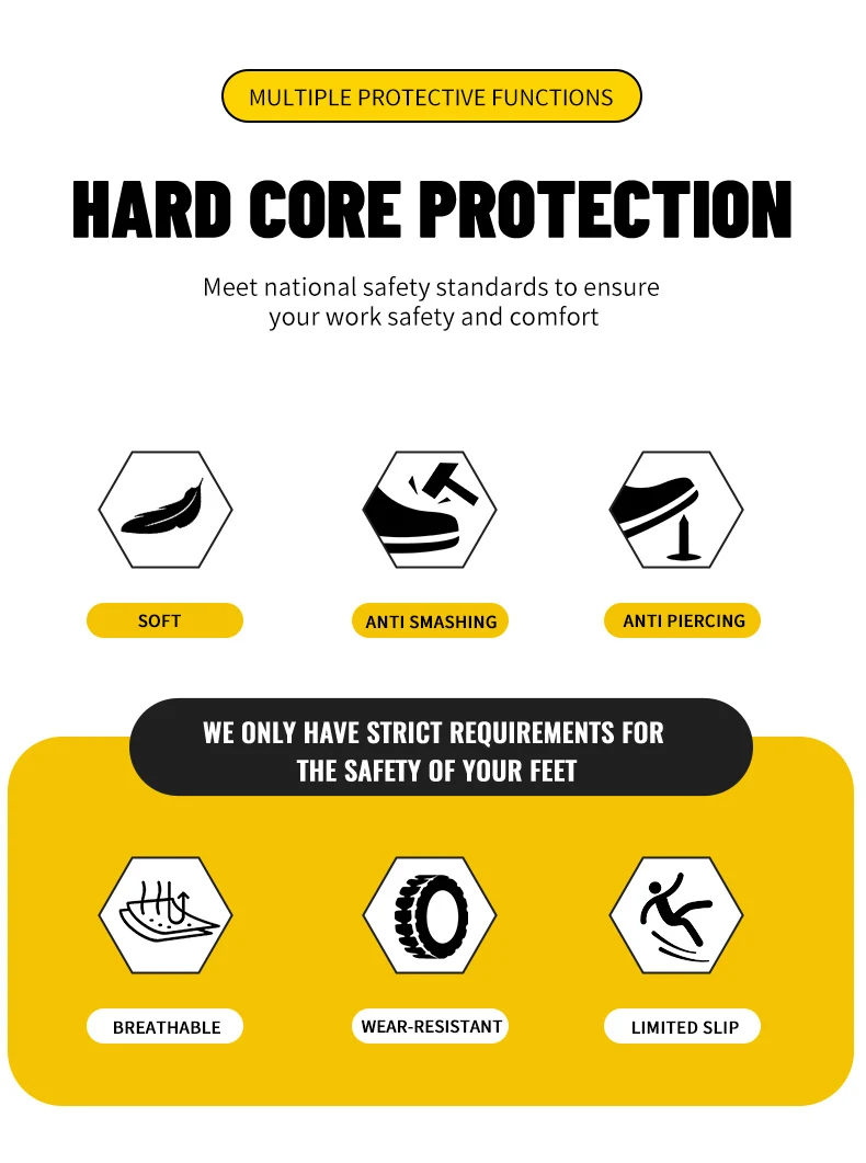 A pair of men's steel-toe safety boots with anti-smashing and anti-piercing protection hard core