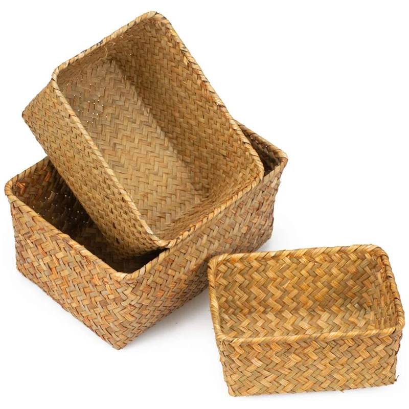 Seagrass Storage Basket, Multisize Handmade Rattan Shelf Baskets & Home Storage Bins Baskets for Decoration