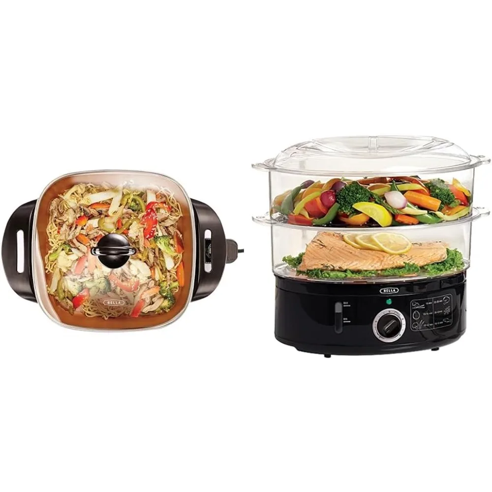 Electric Skillet and Frying Pan with Glass Lid & Two Tier Food Steamer with Dishwasher Safe Lids and Stackable Baskets