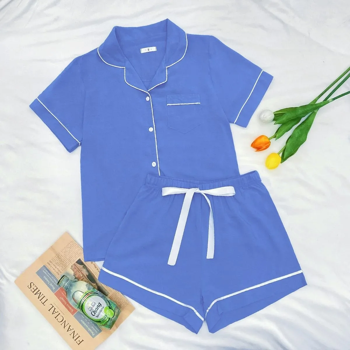 New Sexy 2Pcs Pajamas Sets Summer Cotton Short Sleeve Shirts+Pants Homewear Sleepwear Nightwear Black Solid Women's Pajamas