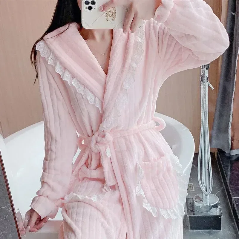 

Long Belt Fleece Wears Winter Nightdress Pajama For Nightgown Homewear Solid Sleepwear Robe 2023 Sleeve Lace Warm Night Women
