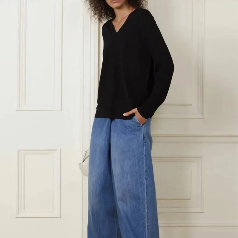 R0W Women's Jeans Spring and Autumn New Wash Blue Retro Loose Casual Pants Straight Barrel High Waist Wide Leg Pants
