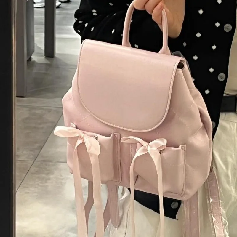 JIAERDI Sweet Cute Bow Backpack Women Ballet Style Ribbon Diamond Lattice Rucksack Ladies Elegant Gentle Casual Mochilas Mujer