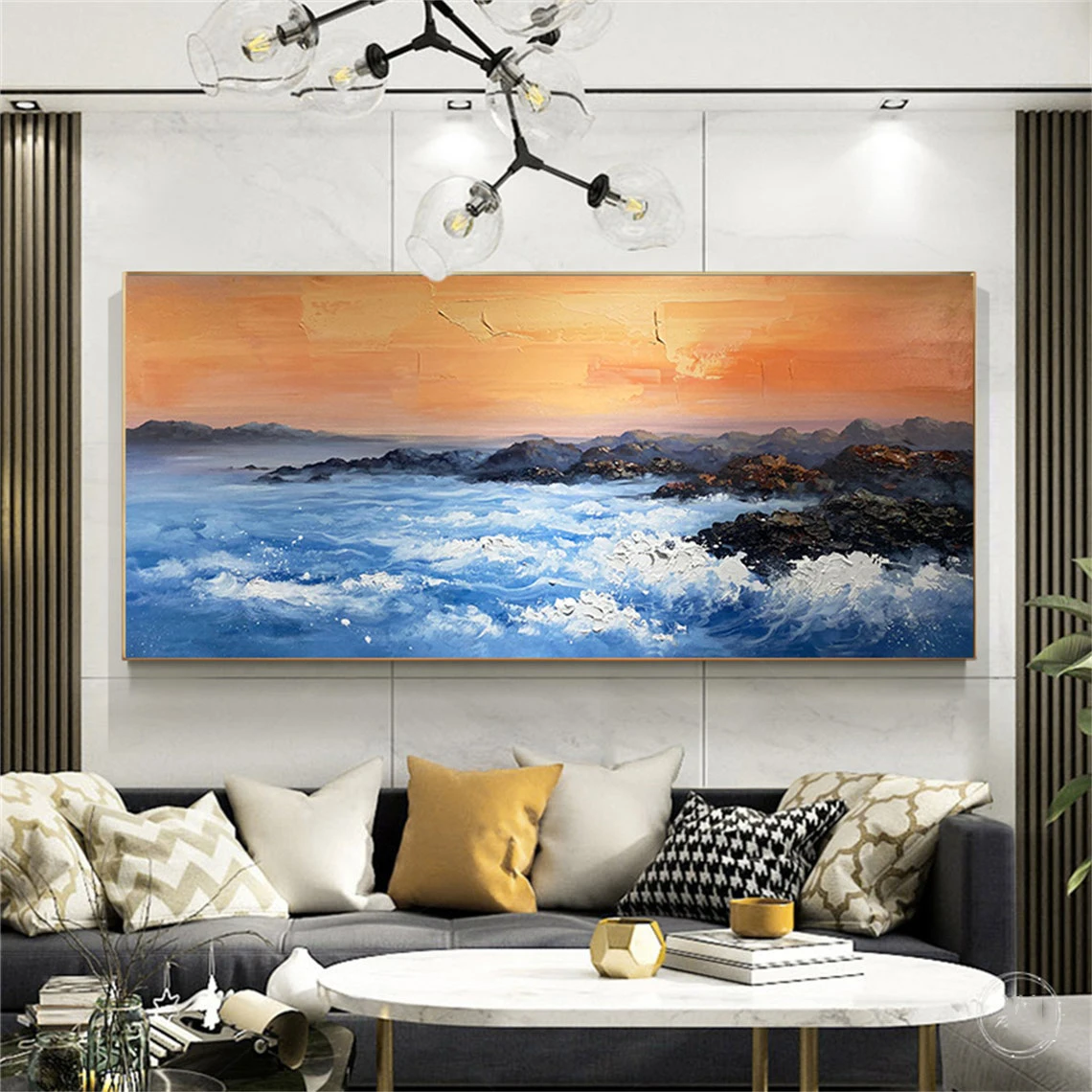 

Blue Sea Wave Abstract Hand Painted Oil Painting Wall Art Wall Decor Orange Texture Acrylic Seascape Artwrok For Home Decoration