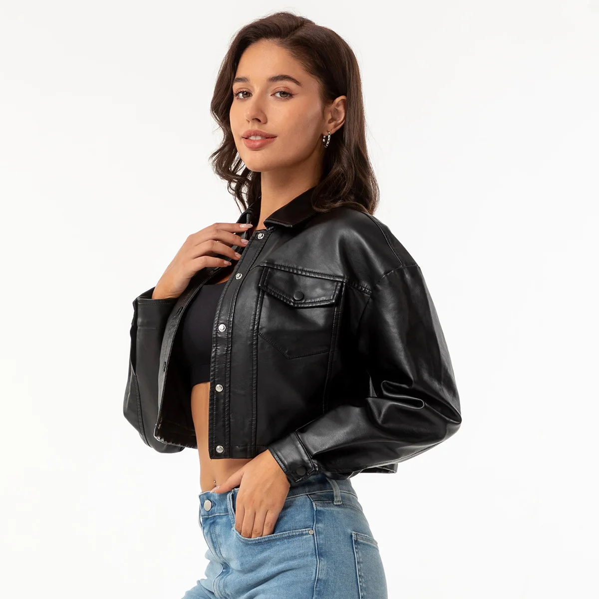 New loose casual short leather jacket women's long sleeve single button women's short lapel jacket Motorcycle jacket 2