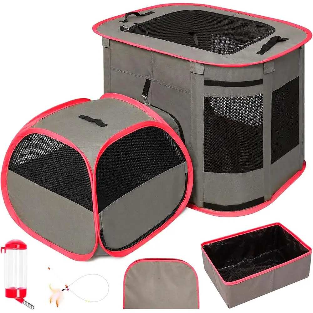 Multi-Purpose Cat Playpen Foldable Indoor Outdoor Enclosure with Bathroom Water Bottle Teasing Stick Litter Box Removable Mat