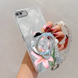 Pink Floral Phone Case Set with Lanyard & Stand - 3 - Piece Bundle for Realme C20A (Silver)