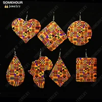 SOMEHOUR Fashion Boho Geometric Wooden Drop Earrings African Ethnic Fabric Print Ankara Plaid Ear Dangle Jewelry For Women Gifts 1