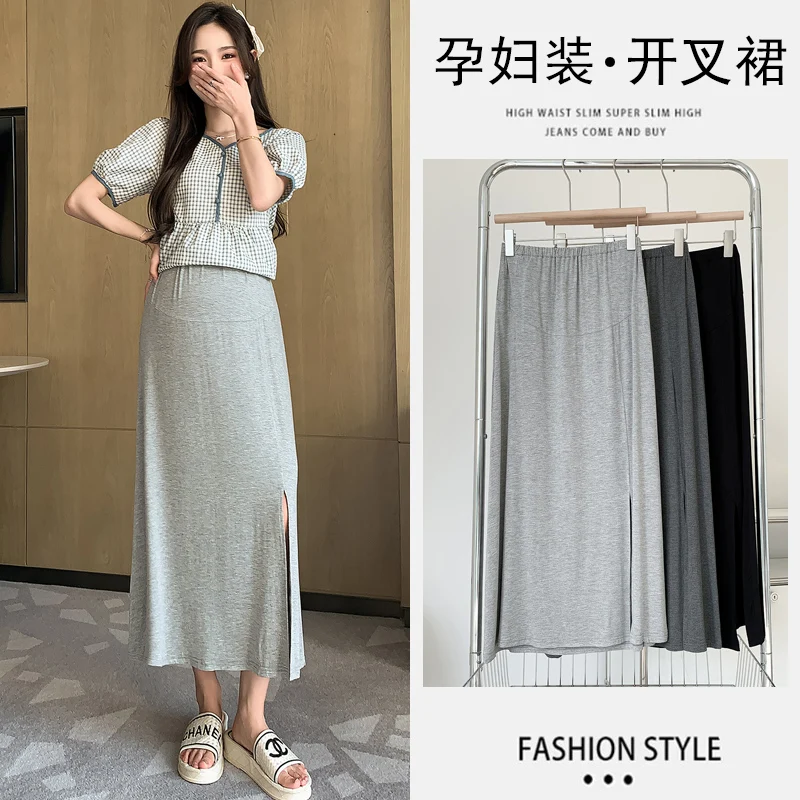 3XL 4XL Summer Thin Modal Maternity Long Skirts Side Splits Elastic Waist Belly Clothes for Pregnant Women Casual Pregnancy