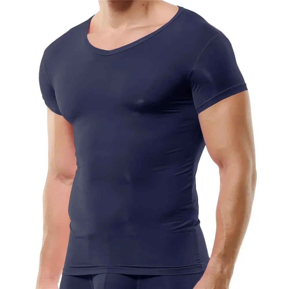 Sexy Solid Color Mens Undershirts Ice Silk Casual T Shirts Male Short Sleeve Basic T-shirts Breathable Tees Tops Home Underwear