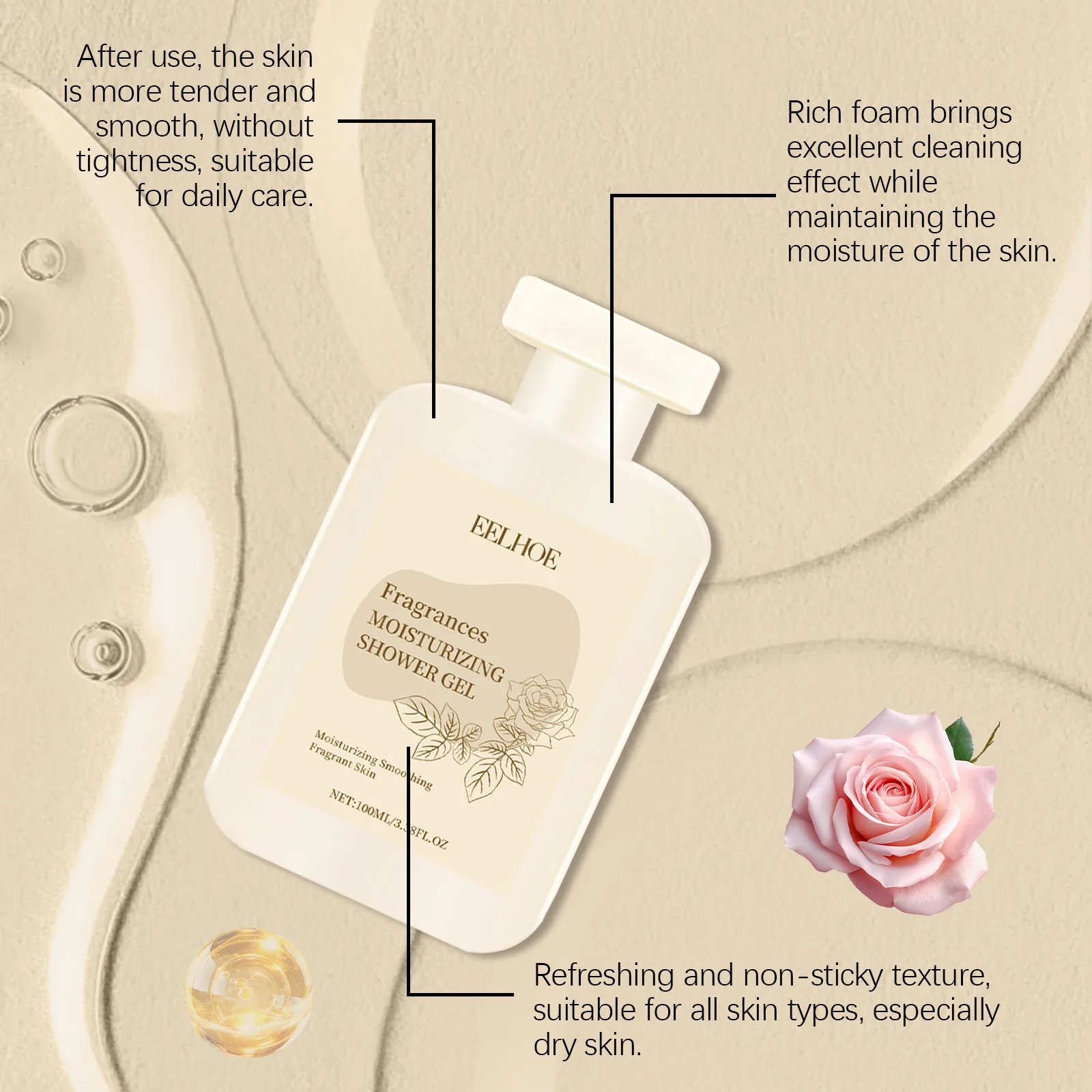 Rose Moisturizing Shower Gel Smooth Skin Oil Control Hydrated Skin Body Cleansing Exfoliation Long Lasting Fragrance Body Wash