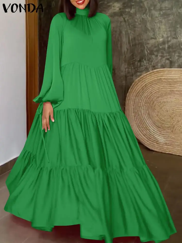 

Женское элегантное платье VONDA, осень 2024, сарафан с длинными рукавами-фонариками, женское платье макси, повседневное однотонное атласное платье с воротником-стойкой и оборками