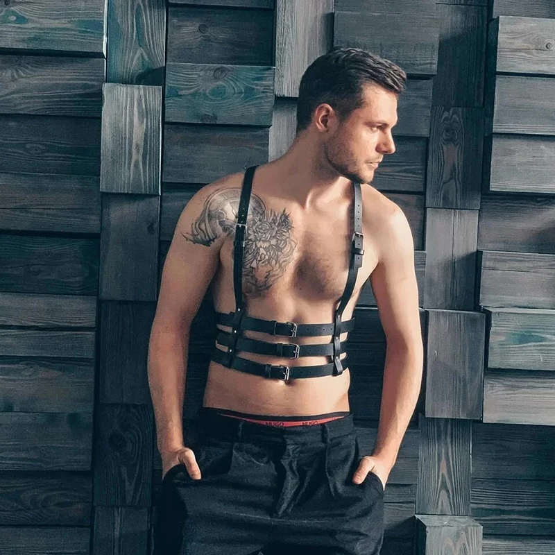 Fashion Men Body Leather Harness Shirt Top Bondage Chest Tape Rave