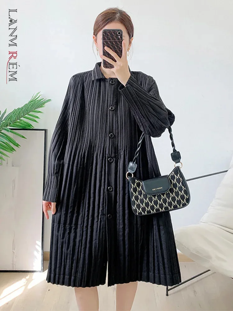 

LANMREM Thick Pleated Trench Women's 2023 Winter New Lapel Single Beasted Loose Casual Windbreaker Coat Clothing 2R8939