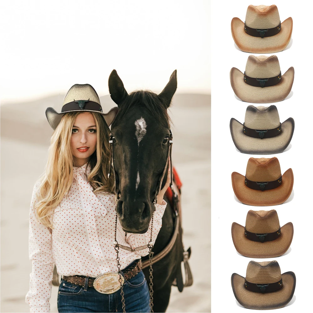 

Men Women Soft Straw Western Cowboy Hats Wide Brim Sunhat Summer Caps Sombrero Travel Sunbonnet Outdoor Beach Size US 7 1/4 UK L