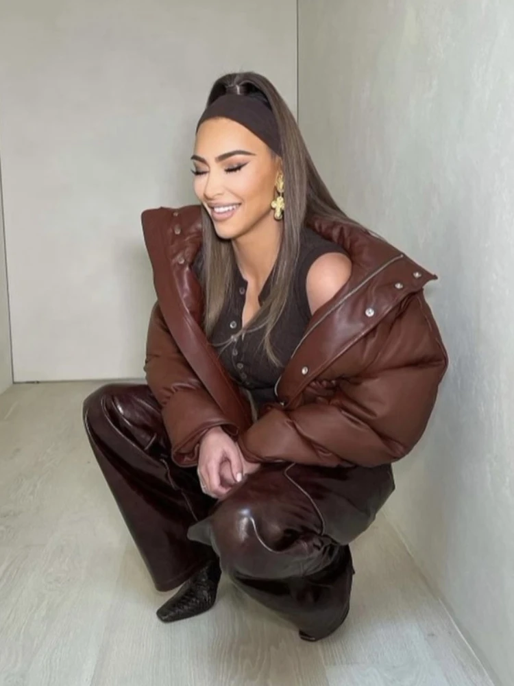 

Winter Fashion Zipper PU Leather Brown Coat for Women Casual Stand Collar Thicken Warm Black Short Outwear Jackets Streetwear